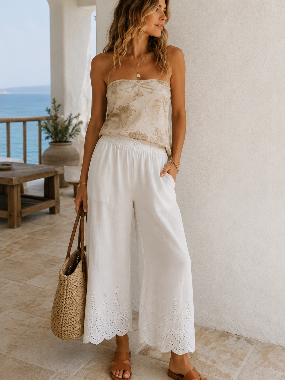 Philosophy Linen Blend White Eyelet Wide Leg Pants S Coastal Boho